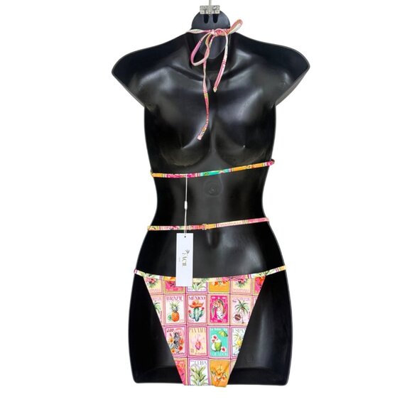 Facil BOMBON Tropical Postage Stamp Print Two-Piece Bikini Set Sz Sm - Picture 2 of 15